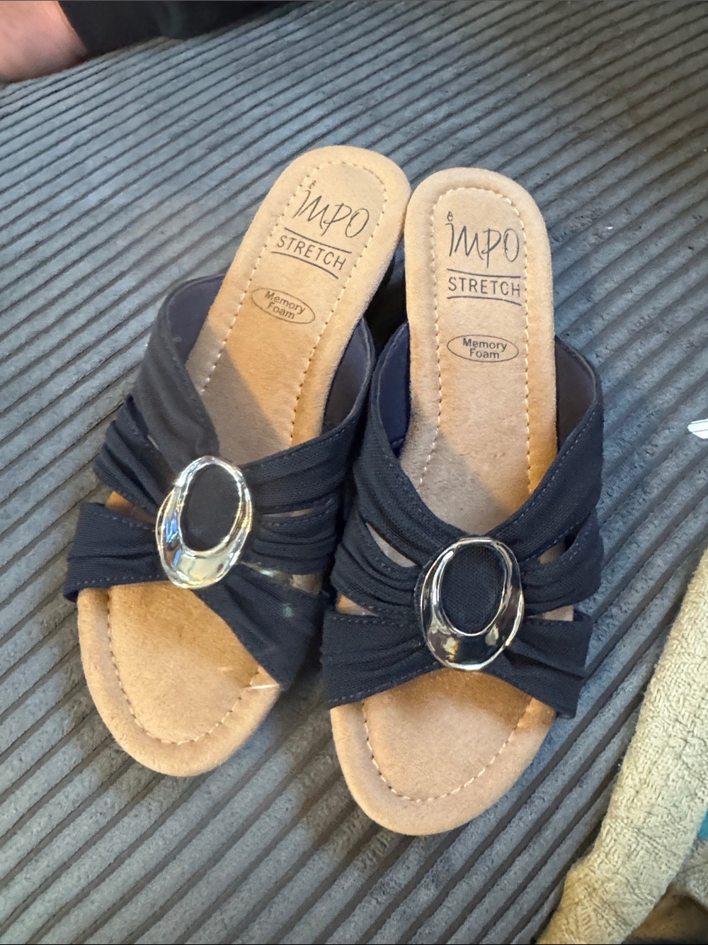 IMPO Stretch Black Slide Mules with Silver Accent
